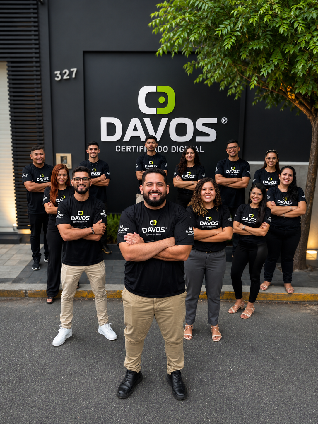 Equipe Davos na fachada da sede